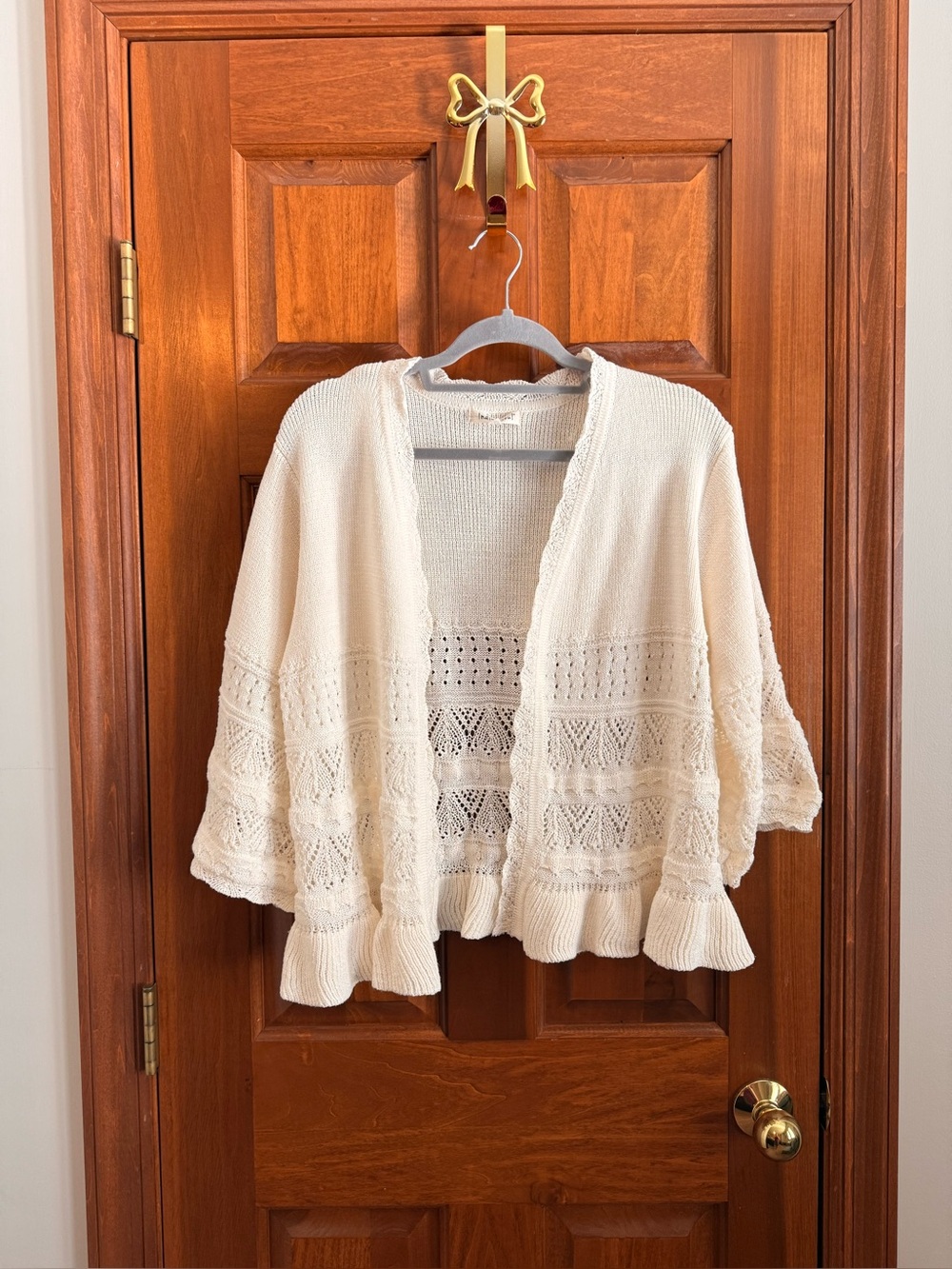 Indigo Soul XL Cream Crochet Open Knit Cardigan Bell Sleeve Boho